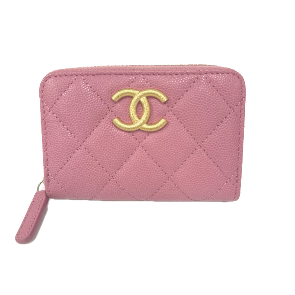 CHANEL Matelassé Coco Mark Wallet/Coin Case AP3521 Pink Gold Caviar Leather W...